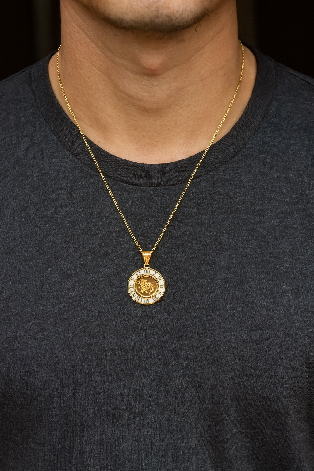 18K Gold Tuvalu Coin Pendant – Roman Numeral Bezel Design