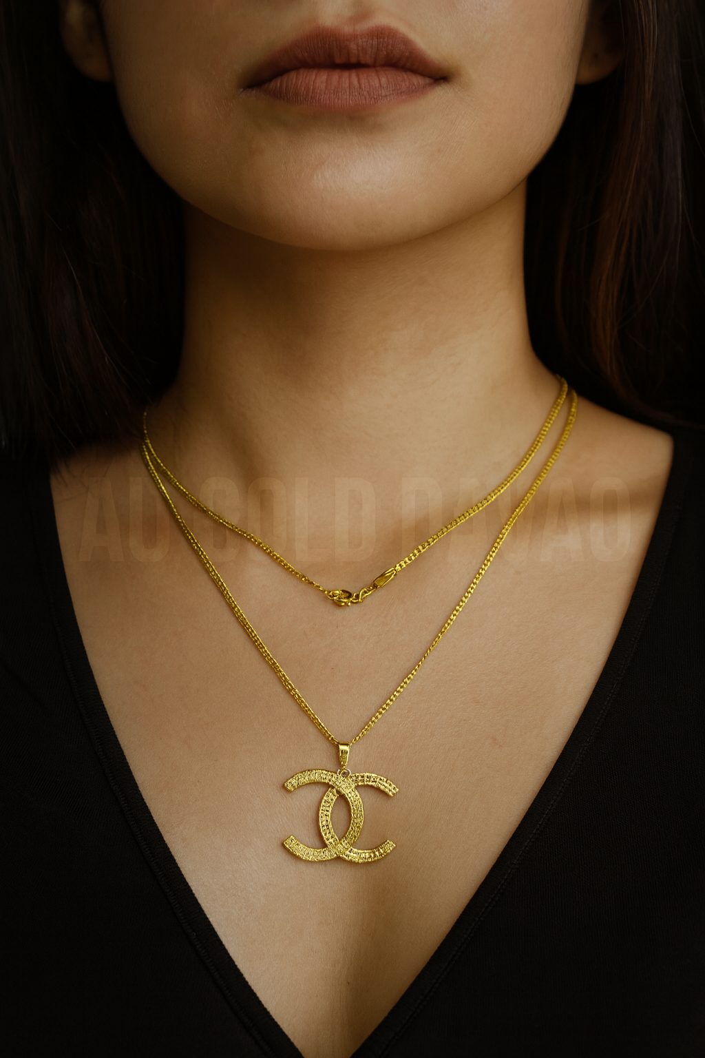 18k Saudi Gold Designer Inspired Double C Gold Pendant Necklace