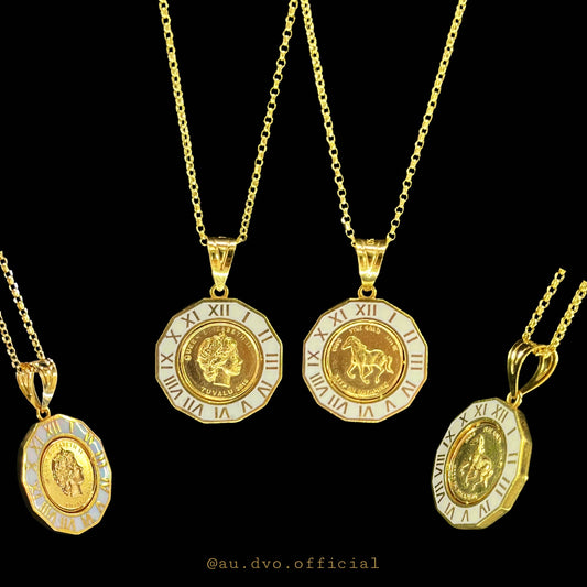 18K Gold Tuvalu Coin Pendant – Roman Numeral Bezel Design